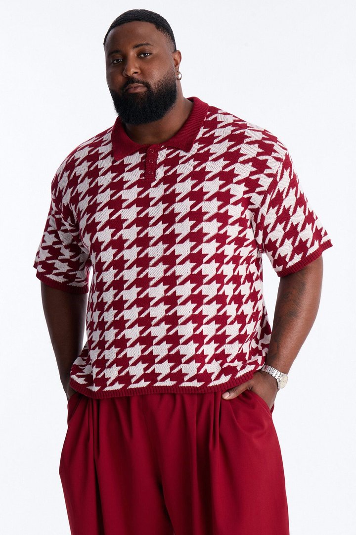 Houndstooth Short Sleeve Knitted Polo - Burgundy