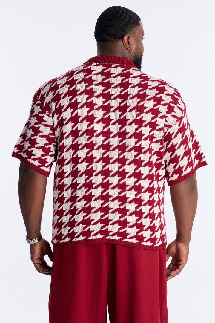 Houndstooth Short Sleeve Knitted Polo - Burgundy