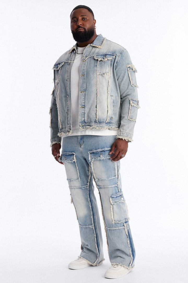 Straight Flare Tattered Cargo Jean - Light Wash