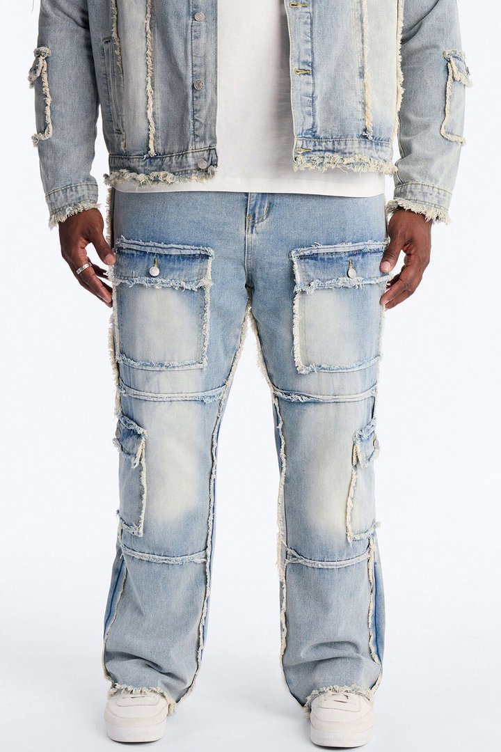 Straight Flare Tattered Cargo Jean - Light Wash