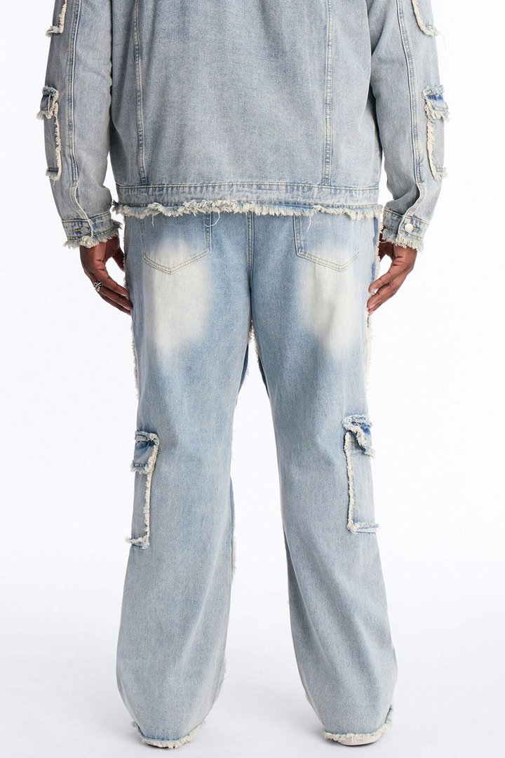 Straight Flare Tattered Cargo Jean - Light Wash