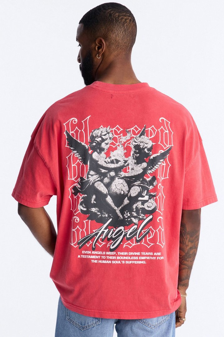 Blessed Angel Oversized Short Sleeve Tee - Red