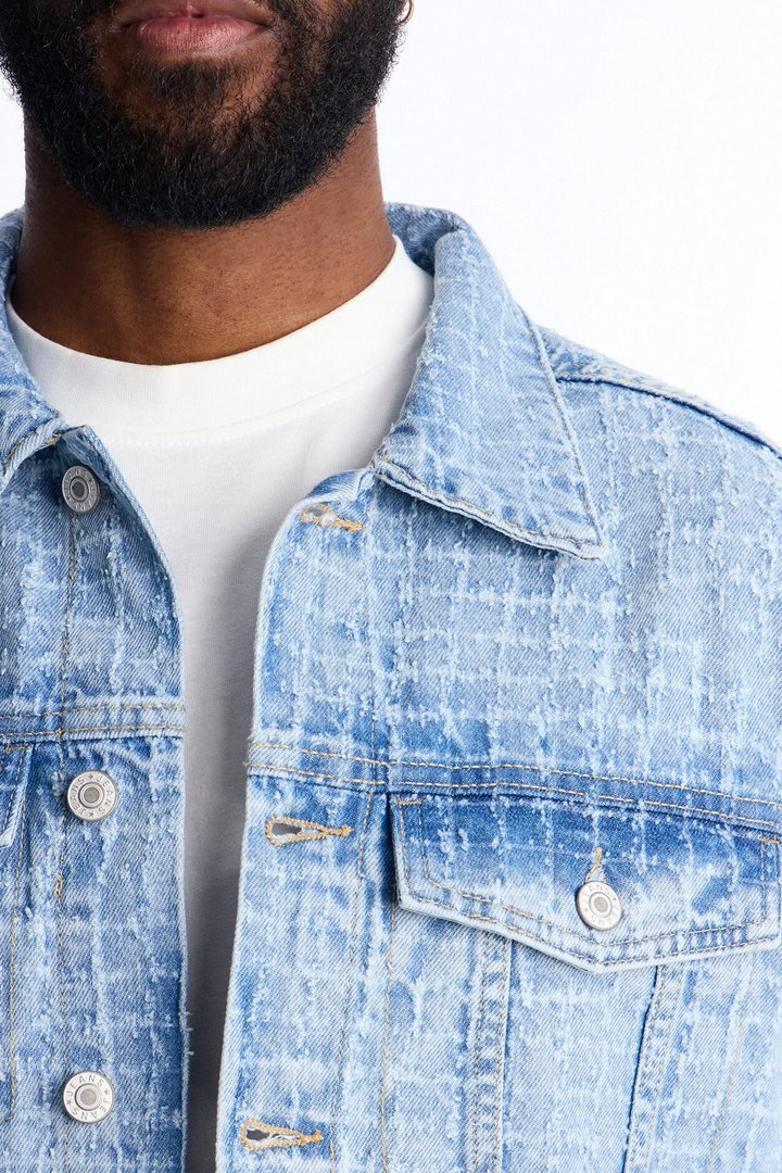Cropped Windowpane Denim Trucker Jacket - Light Wash