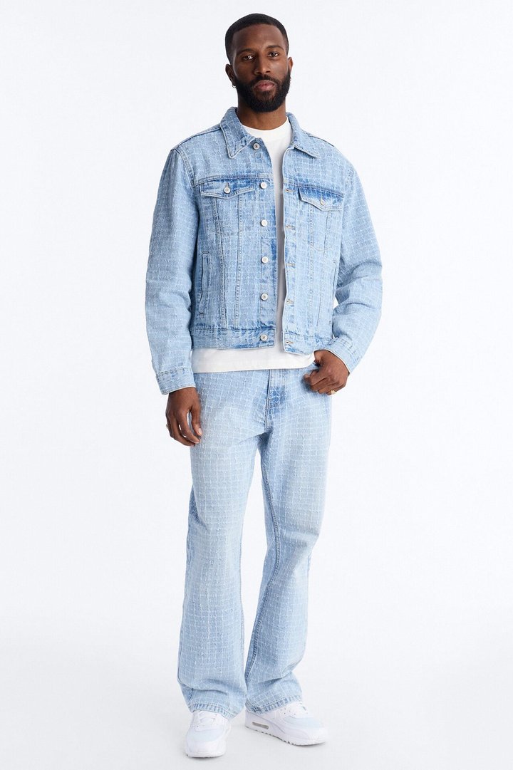 Cropped Windowpane Denim Trucker Jacket - Light Wash