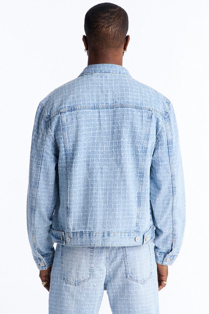 Cropped Windowpane Denim Trucker Jacket - Light Wash