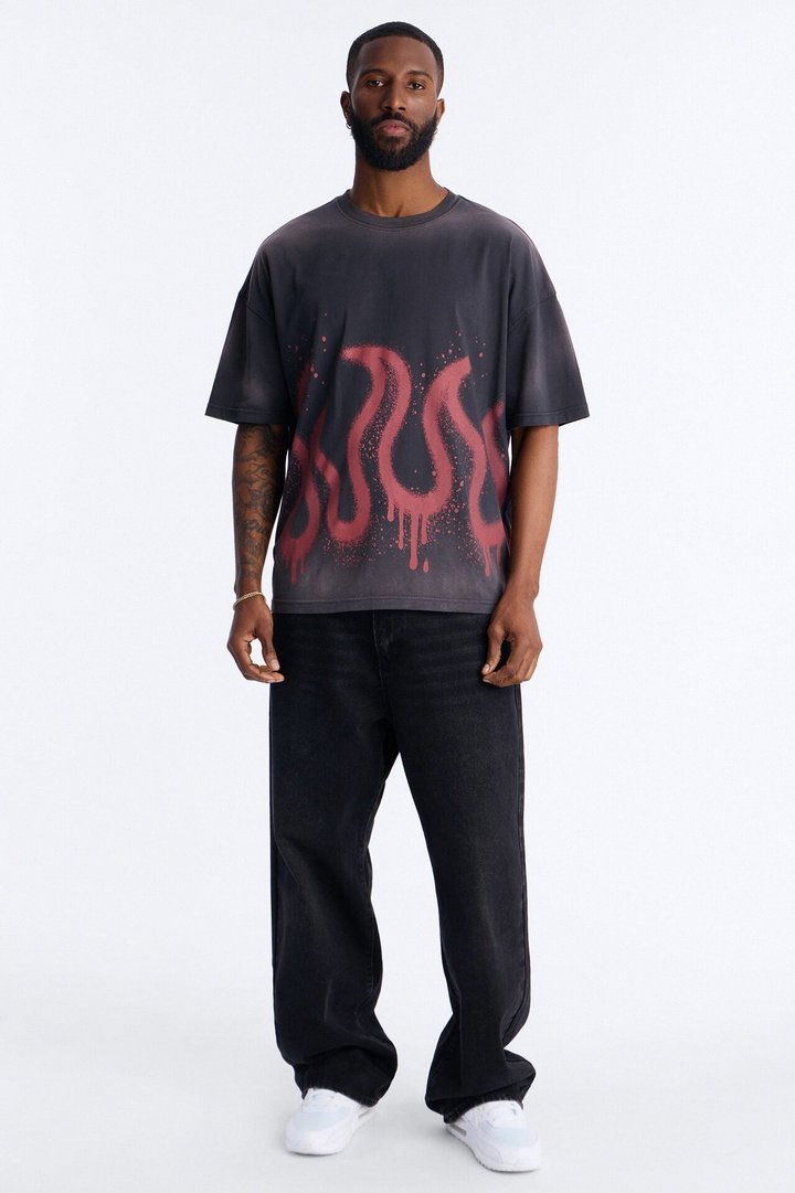 Flaming Outline Short Sleeve Tee - Black