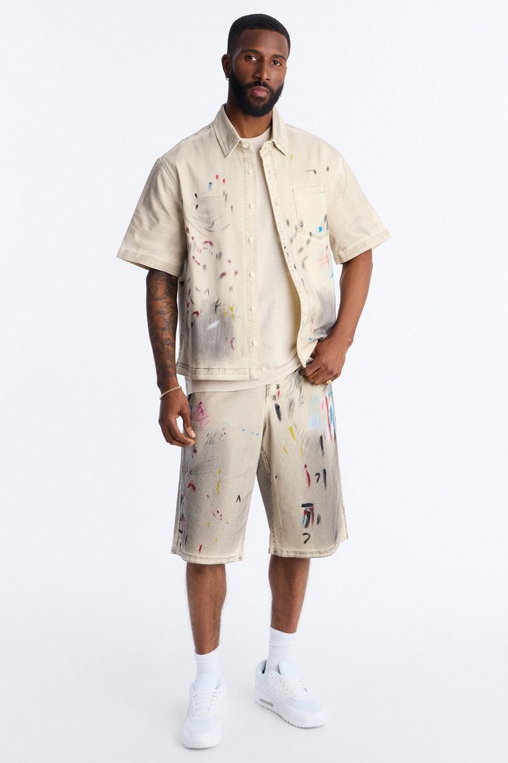 Baggy Hope Street Splatter Denim Short - Cream