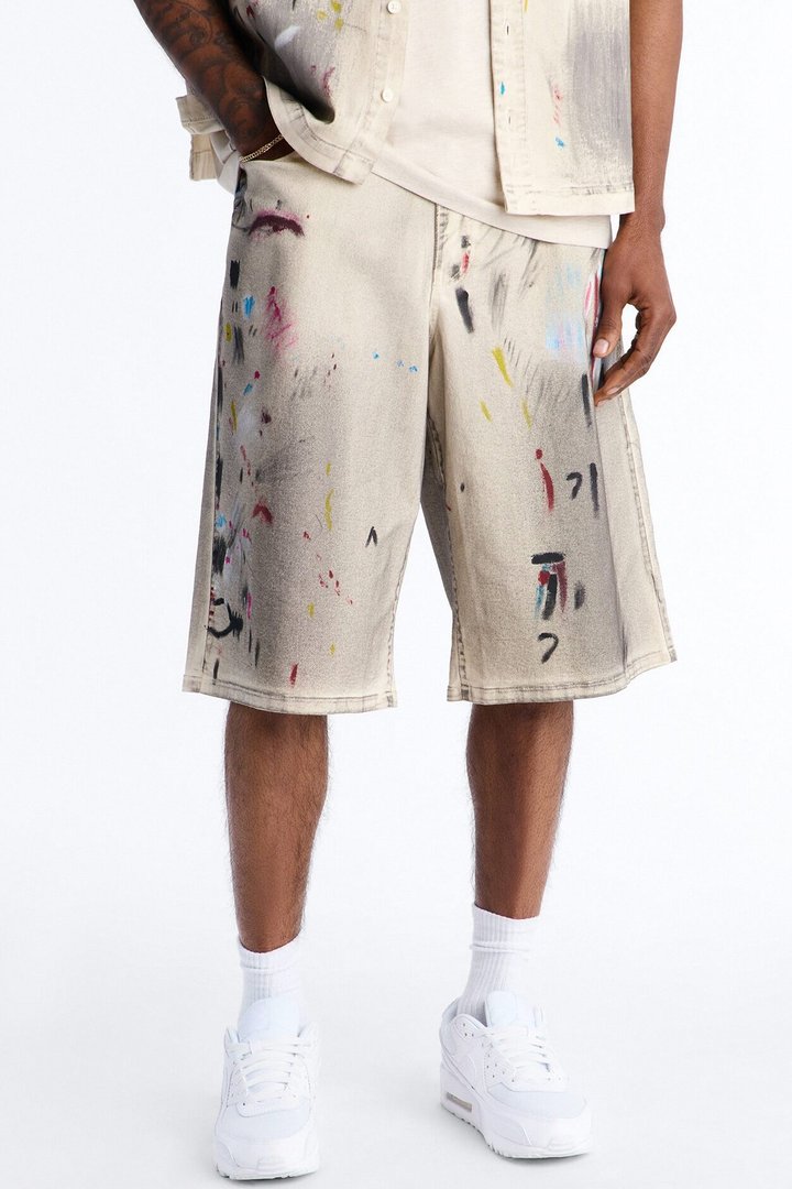 Baggy Hope Street Splatter Denim Short - Cream