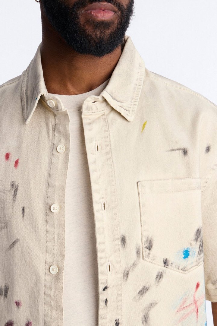 Cropped Hope Street Splatter Denim Button Up Shirt - Cream