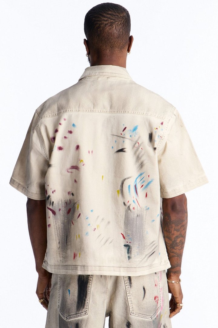 Cropped Hope Street Splatter Denim Button Up Shirt - Cream