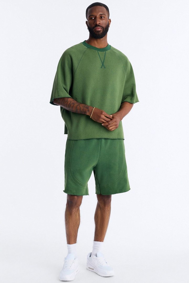 Washed Raw Edge Baggy Sweatshort - Green