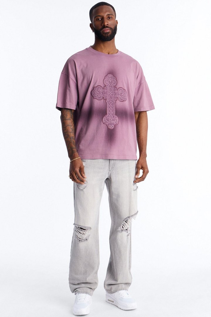Cross Shadow Patch Short Sleeve Tee - Purple