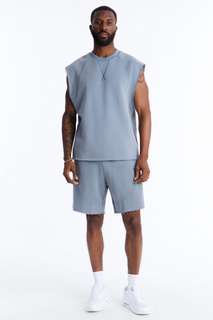 Washed Raw Edge Relaxed Muscle Tee - Slate Blue