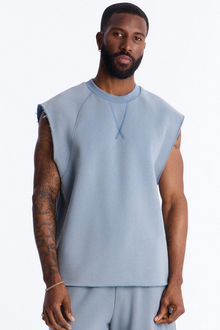 Washed Raw Edge Relaxed Muscle Tee - Slate Blue