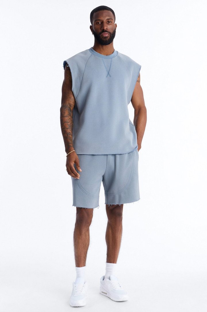 Washed Raw Edge Baggy Sweatshort - Slate Blue