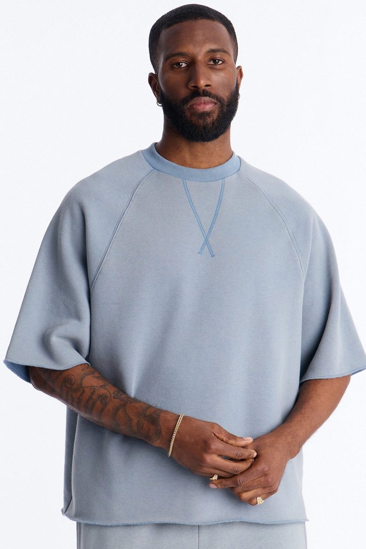 Washed Raw Edge Oversized Tee - Slate Blue