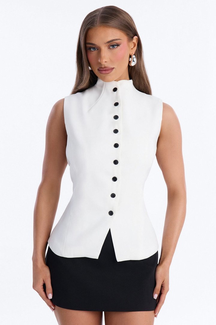 Lana Mock Neck Twill Top - White