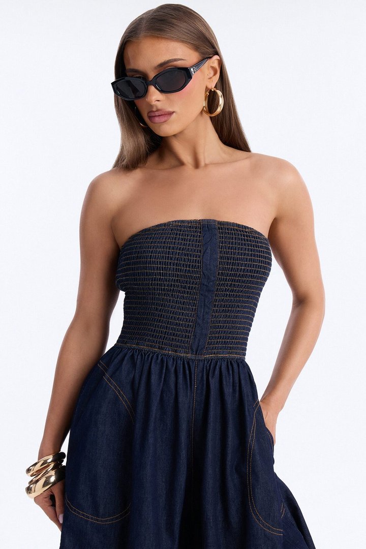 Bella Smocked Denim Jumpsuit - Dark Wash