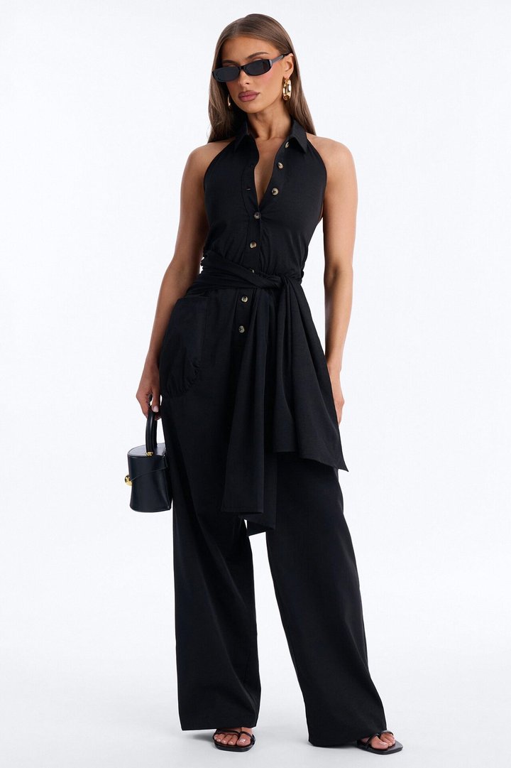 Chelley Cinched Waist Wide Leg Jumpsuit - Black
