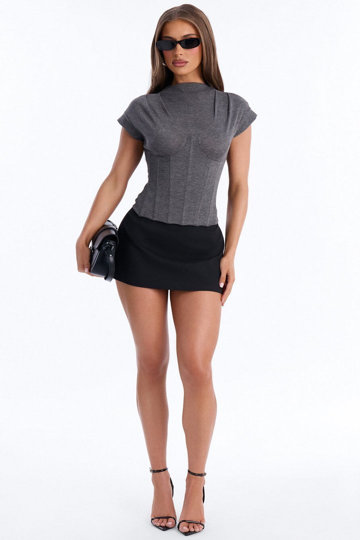 Serene Sculpt Mock Neck Short Sleeve Corset Top - Charcoal