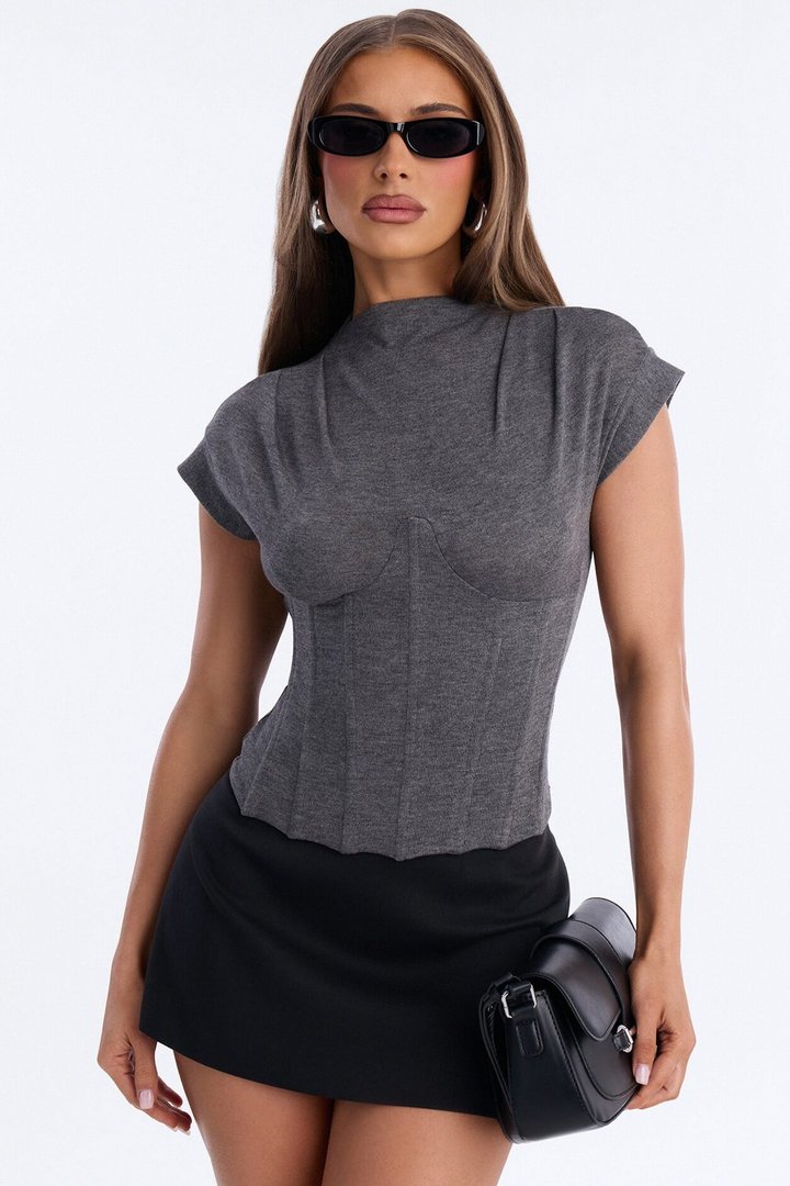 Serene Sculpt Mock Neck Short Sleeve Corset Top - Charcoal