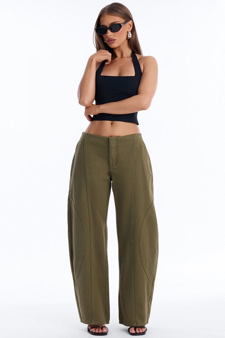 Maliah Low Rise Twill Barrel Leg Pants - Military Green