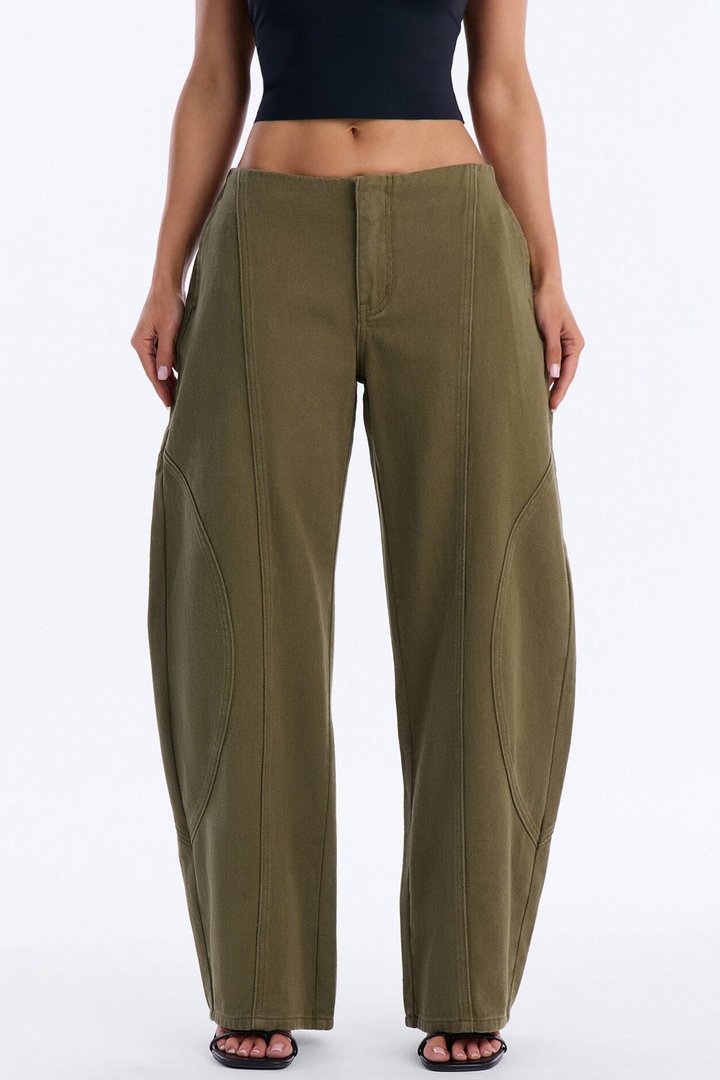 Maliah Low Rise Twill Barrel Leg Pants - Military Green