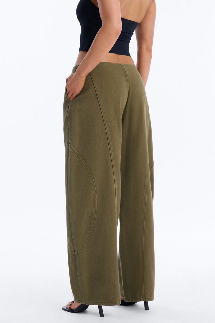 Maliah Low Rise Twill Barrel Leg Pants - Military Green