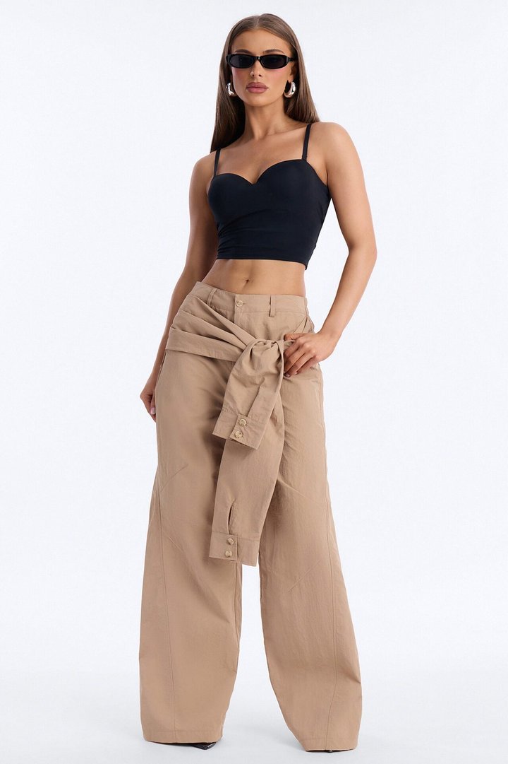 Not Your Man's Button Up Wrap Waist Wide Leg Trouser - Khaki