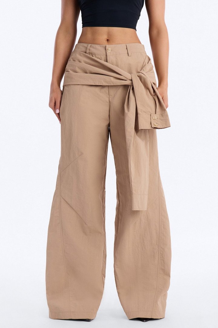 Not Your Man's Button Up Wrap Waist Wide Leg Trouser - Khaki