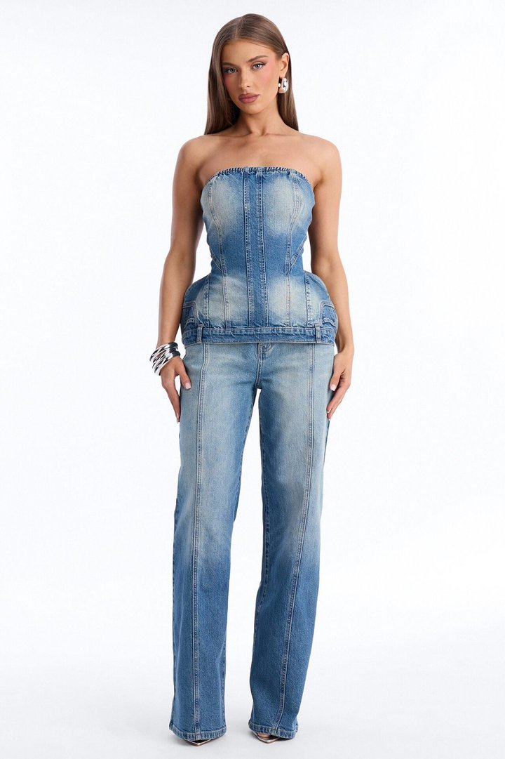 Natalee Denim Peplum Pant Set - Medium Wash