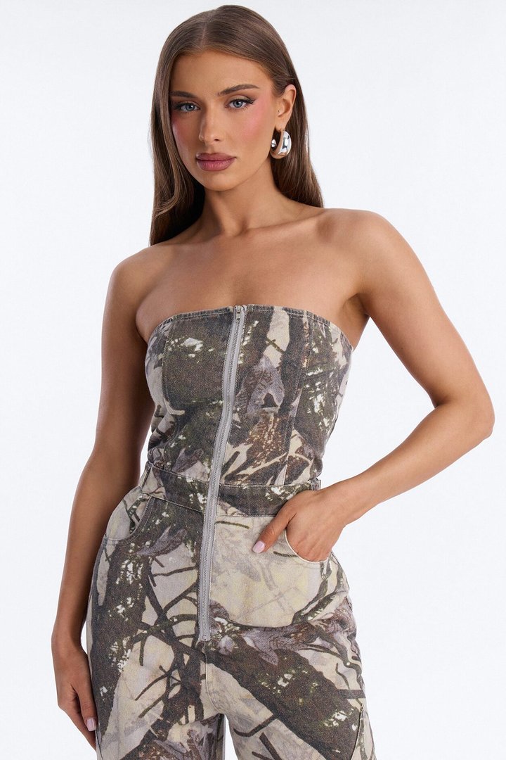 Urban Cool Girl Camo Wide Leg Jumpsuit - Khaki/combo
