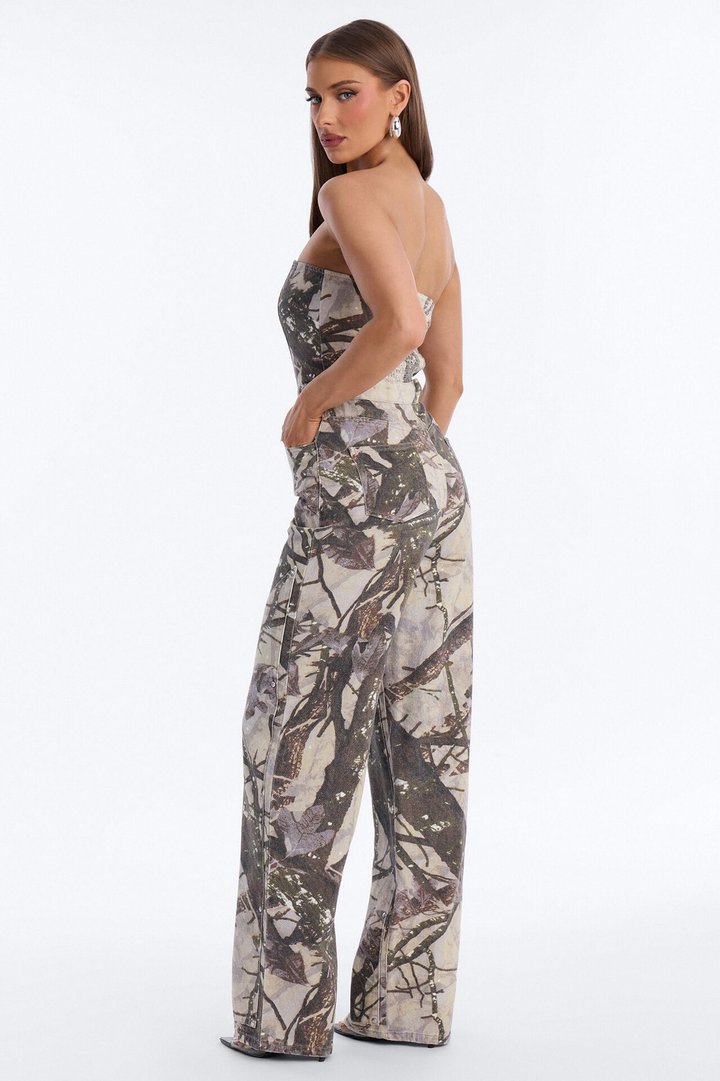 Urban Cool Girl Camo Wide Leg Jumpsuit - Khaki/combo