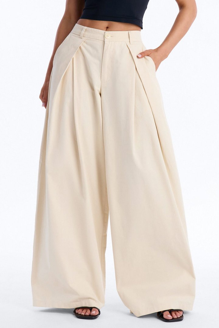 Daphnie Mid Rise Wide Leg Pleated Pant - Khaki