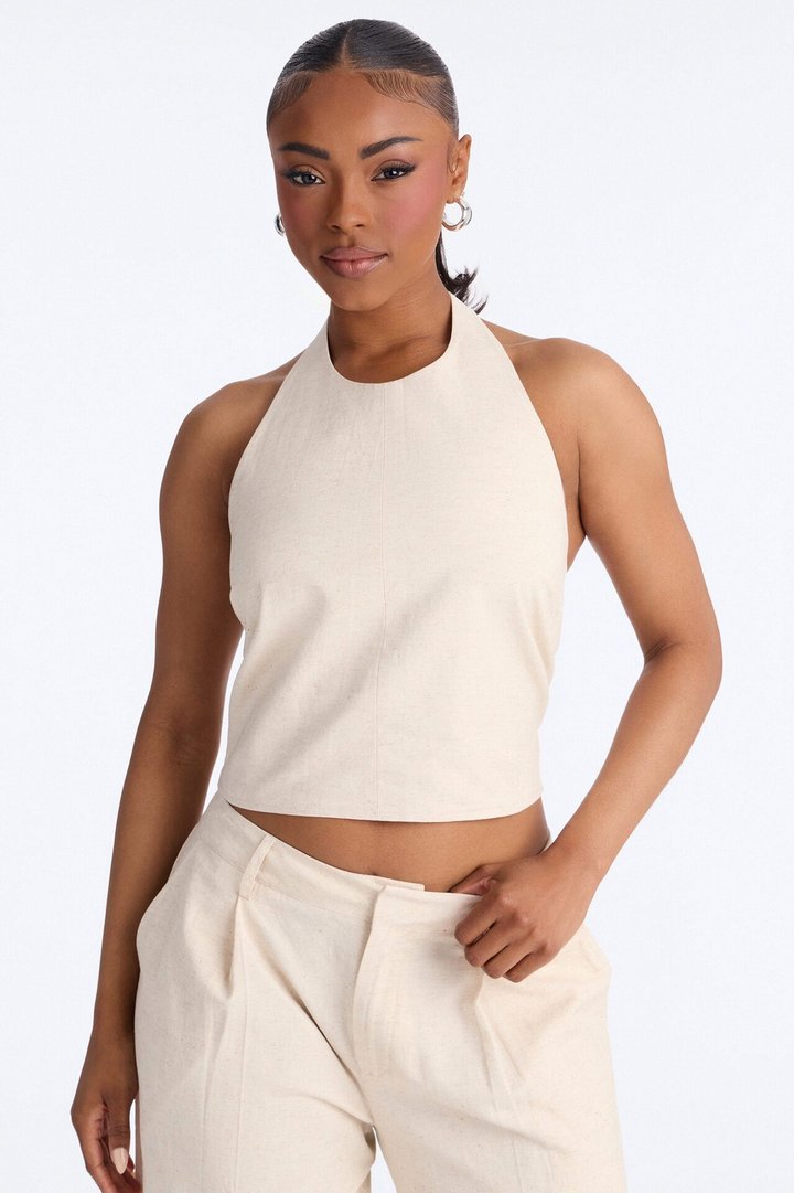 Ocean Breeze Linen Backless Halter Top - Stone