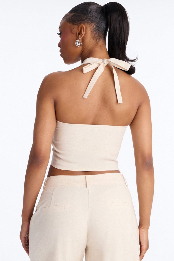 Ocean Breeze Linen Backless Halter Top - Stone