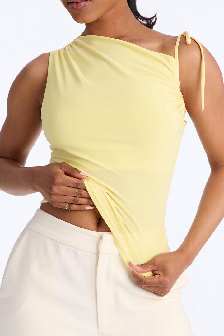 Benny One Shoulder Ruched Tie Strap Top - Butter Yellow