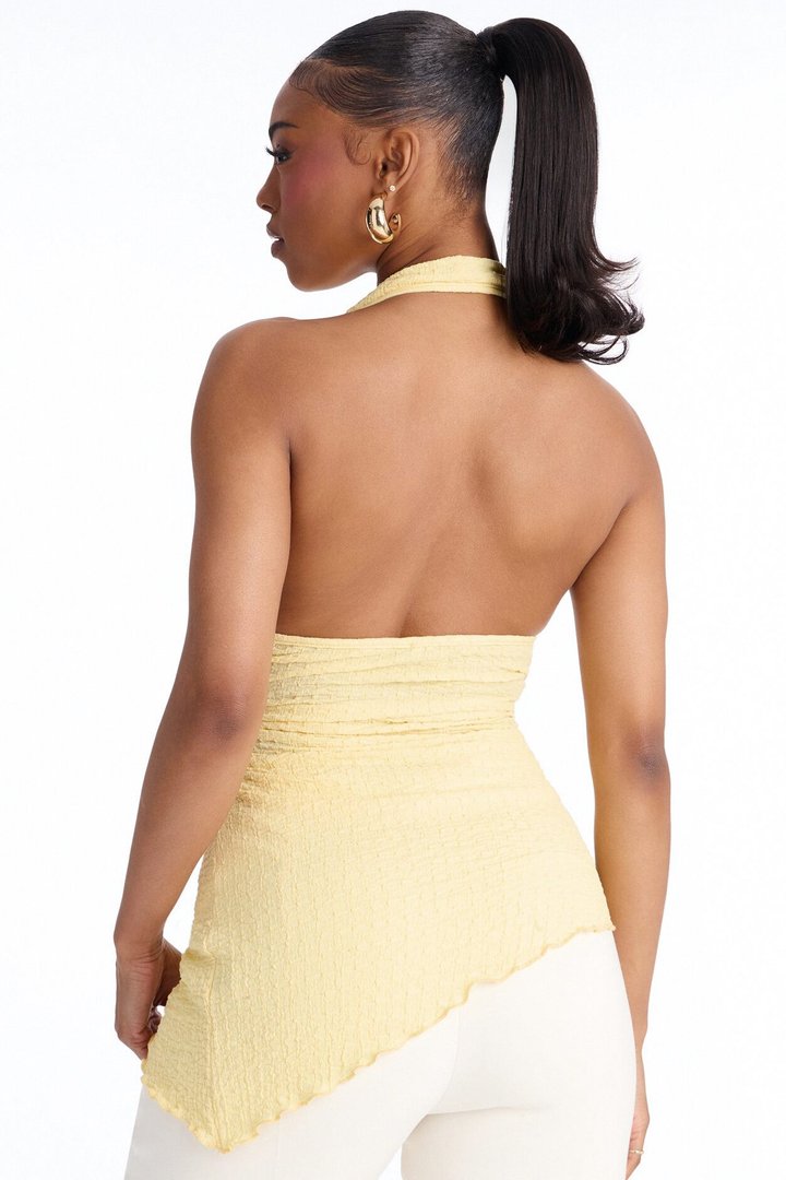 Isa Textured Cowl Neck Asymmetrical Halter Top - Yellow
