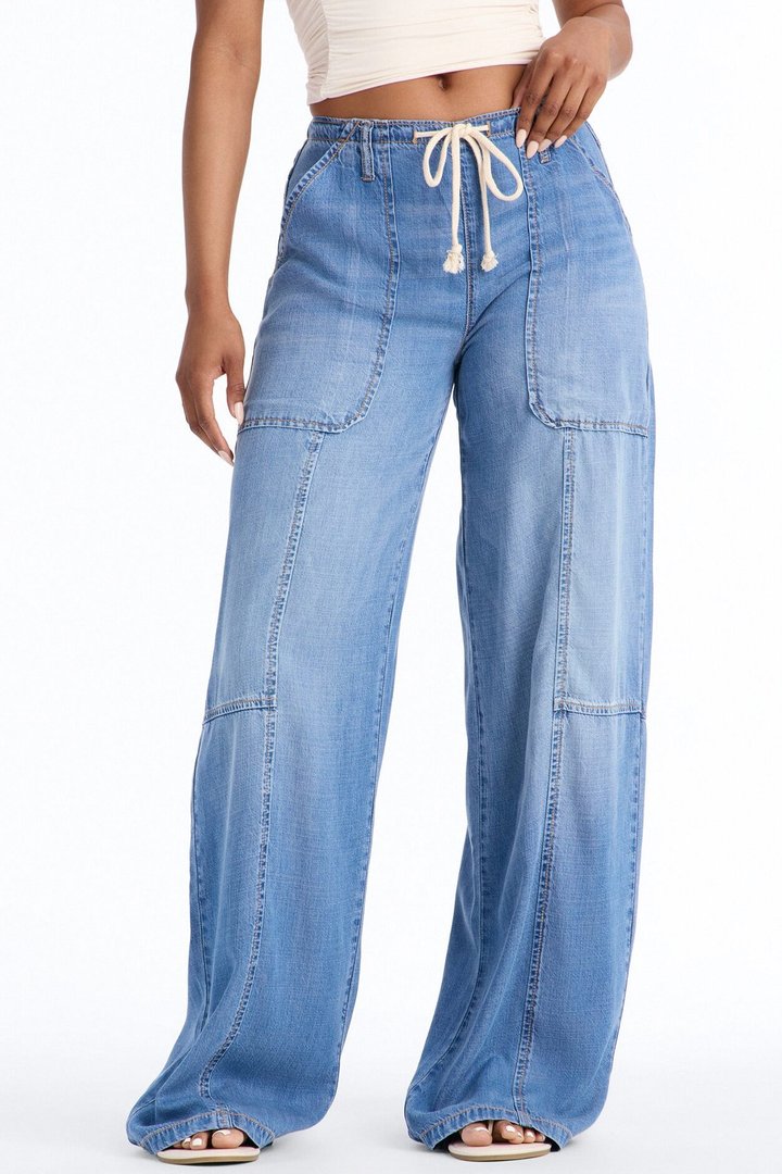 Travel Far Tie Waist Drapey Loose Jeans - Medium Wash
