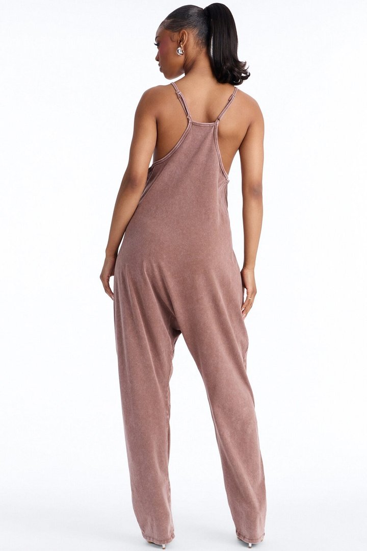 Baggy Days Washed Wide Leg Jumpsuit - Brown