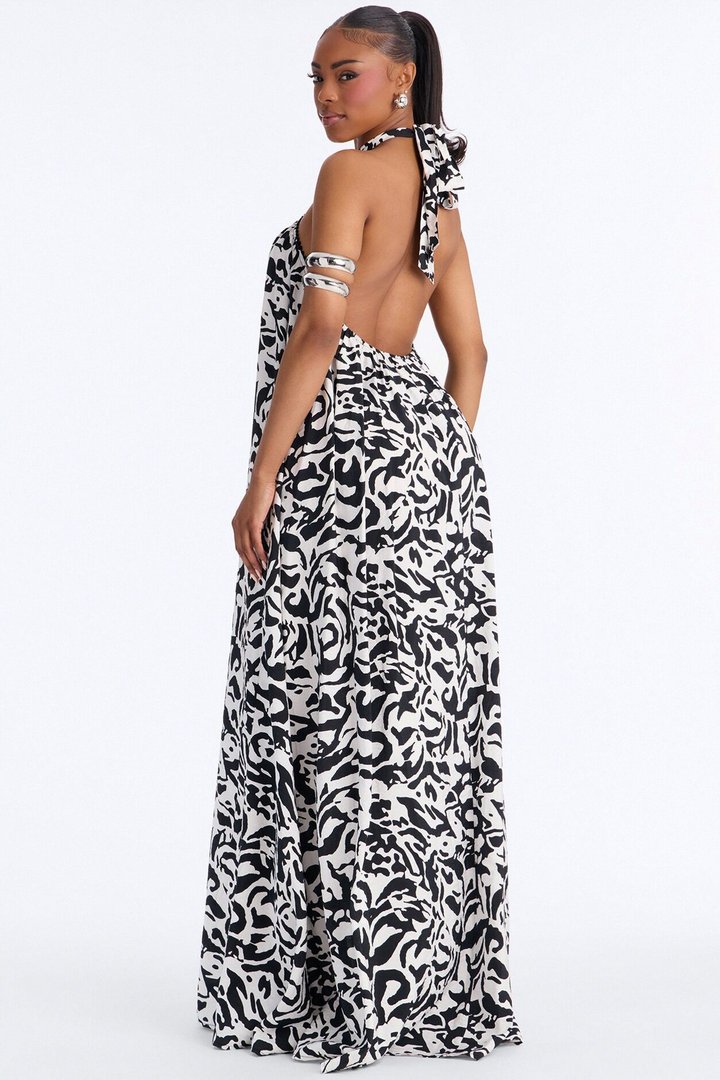 Gracelyn Halter Backless Maxi Dress - Black/White