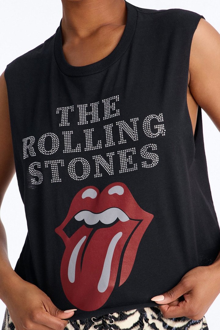 The Rolling Stones Cropped Muscle Tee With Rhinestones - Black