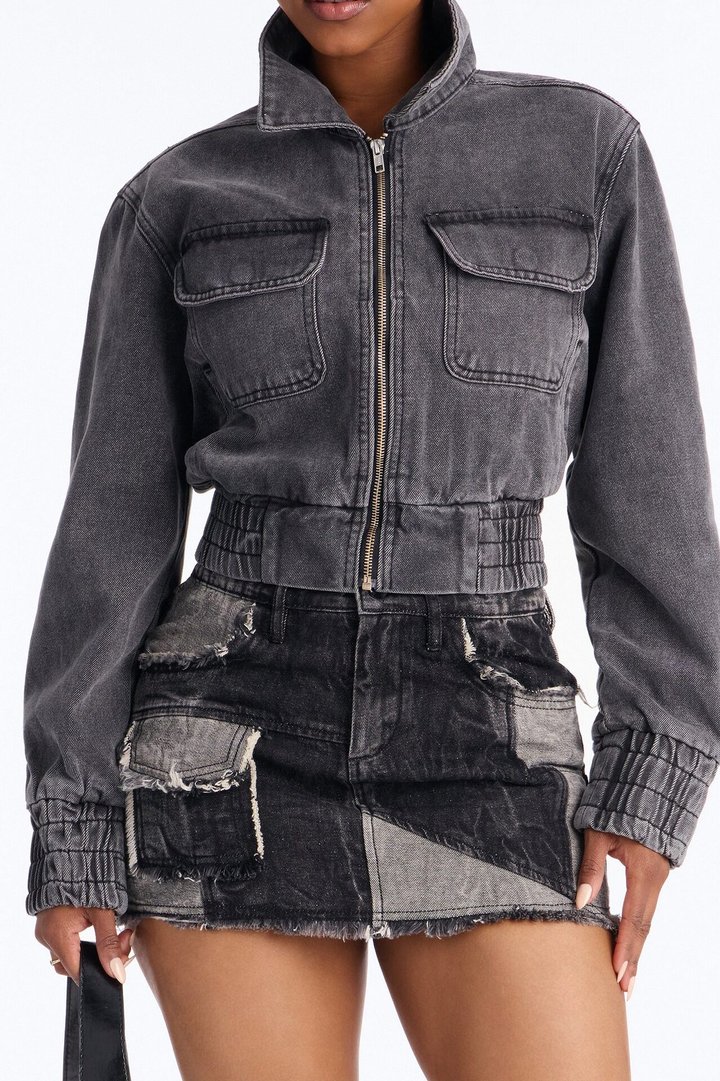 Kick-Start Moto Bomber Denim Jacket - Grey