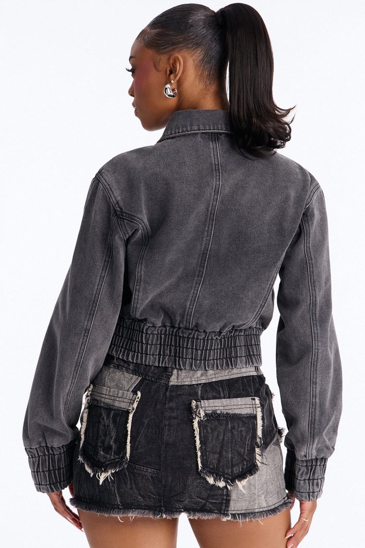 Kick-Start Moto Bomber Denim Jacket - Grey