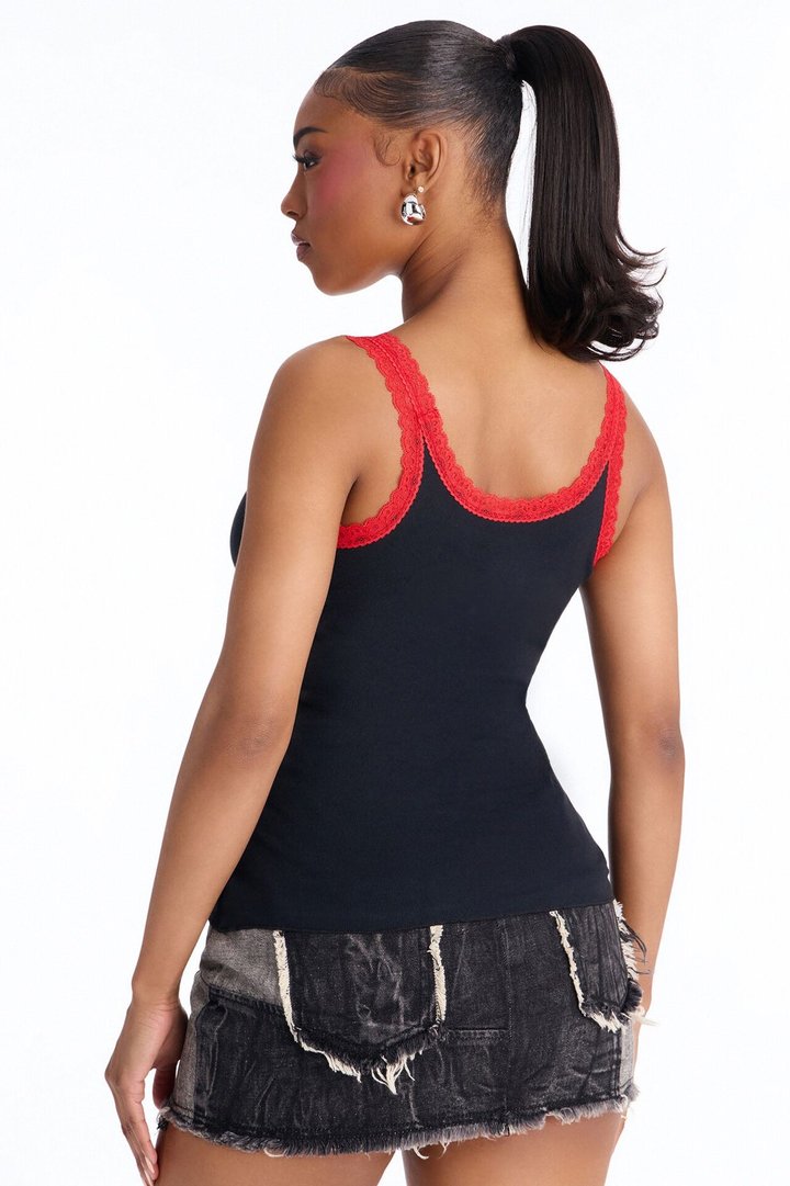 ACDC Contrast Lace Fitted Tank - Black
