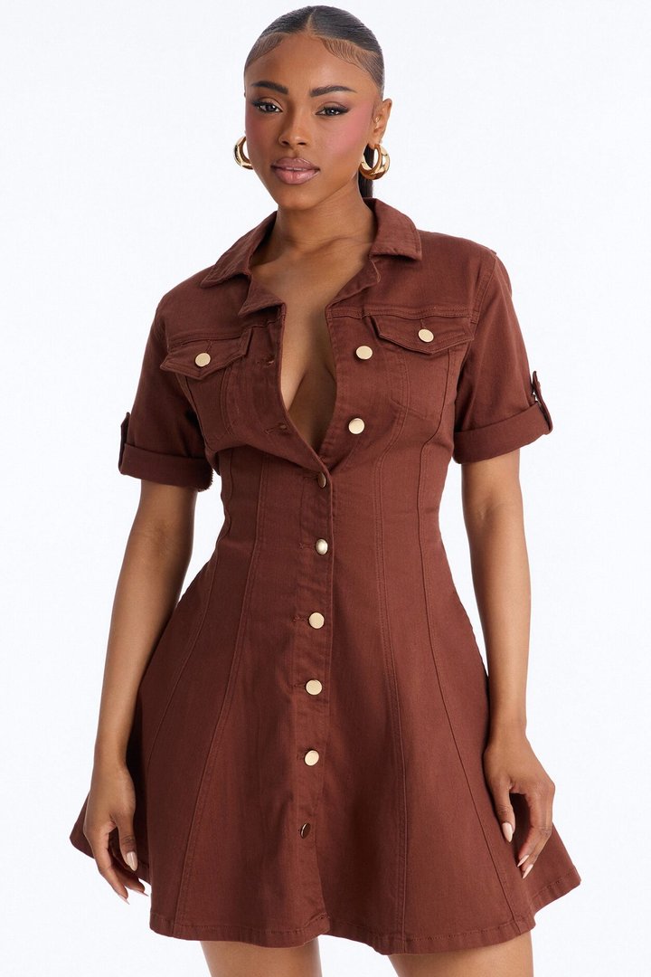 Raven Stretch Denim Mini Dress - Brown