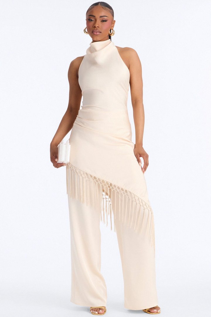 Avara Fringe Halter Pant Set - Cream