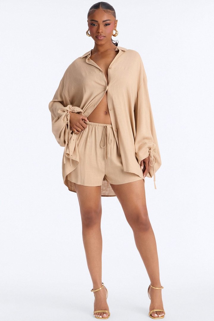 Corinne Linen Short Set - Taupe