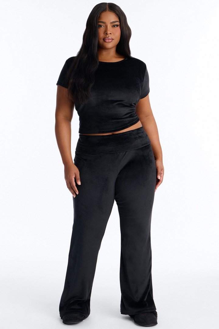 Cozy Moments Short Sleeve Velour PJ Pant Set - Black