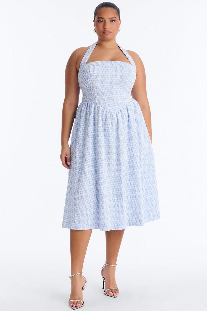 Fia Halter Tweed Midi Dress - Blue